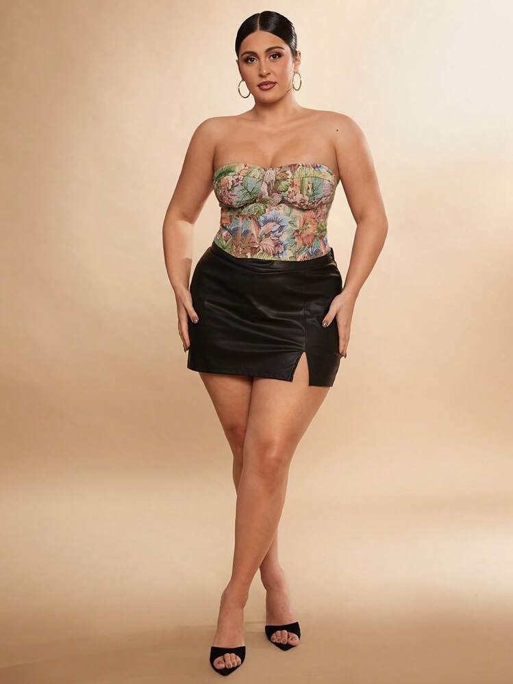 SHEIN BAE 大码女士优雅黑色提花人字纹文胸，适合约会、下午茶、派对、针织上衣、紧身胸衣、衬衫、T恤、基本款上衣、春装、端庄连衣裙、夏装、工作服、情人节、镂空、动物印花、性感、Y2K、露肩上衣 - 彩色 - 查看 2