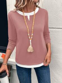 EMERY ROSE 女士休闲拼色长袖宽松二合一 T 恤，秋季