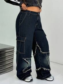 SHEIN EZwear Plus Size Star Printed Relaxed Fit Straight Leg Jeans - Blue - View 3
