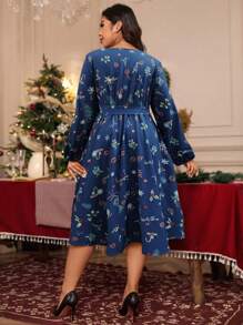 SHEIN LUNE Plus Size Women Christmas Tree Printed Woven High Heel Dress, Casual Long Sleeve Dress For Autumn/Winter