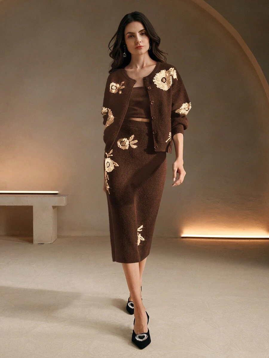 Anewsta Elegant Embroidered Sequin H-Line Black Sweater Skirt - Brown - View 1