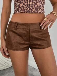 Aloruh Women's Sexy Vintage Pattern PU Leather Ultra-Short Mini Shorts - Coffee Brown - View 4