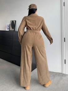 POPSWAY Plus Size Fashionable Casual Jumpsuit, Khaki, Suitable For Commuting, Back To School, Casual Everyday Wear, Cinched Waist Design