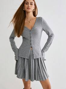Enchnt Winter Romantic Plain V Collar Long Sleeve Single-Breasted Casual T-Shirt And Pleated Mini Skirt 2 Pieces Set, For Christmas Party&Romantic Dinner Dates, Daily Wear