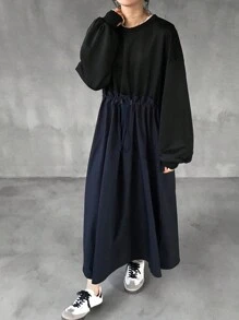 FRIFUL Women's Lace Patchwork Mid-Calf Plain Color Dress - Black - View 1