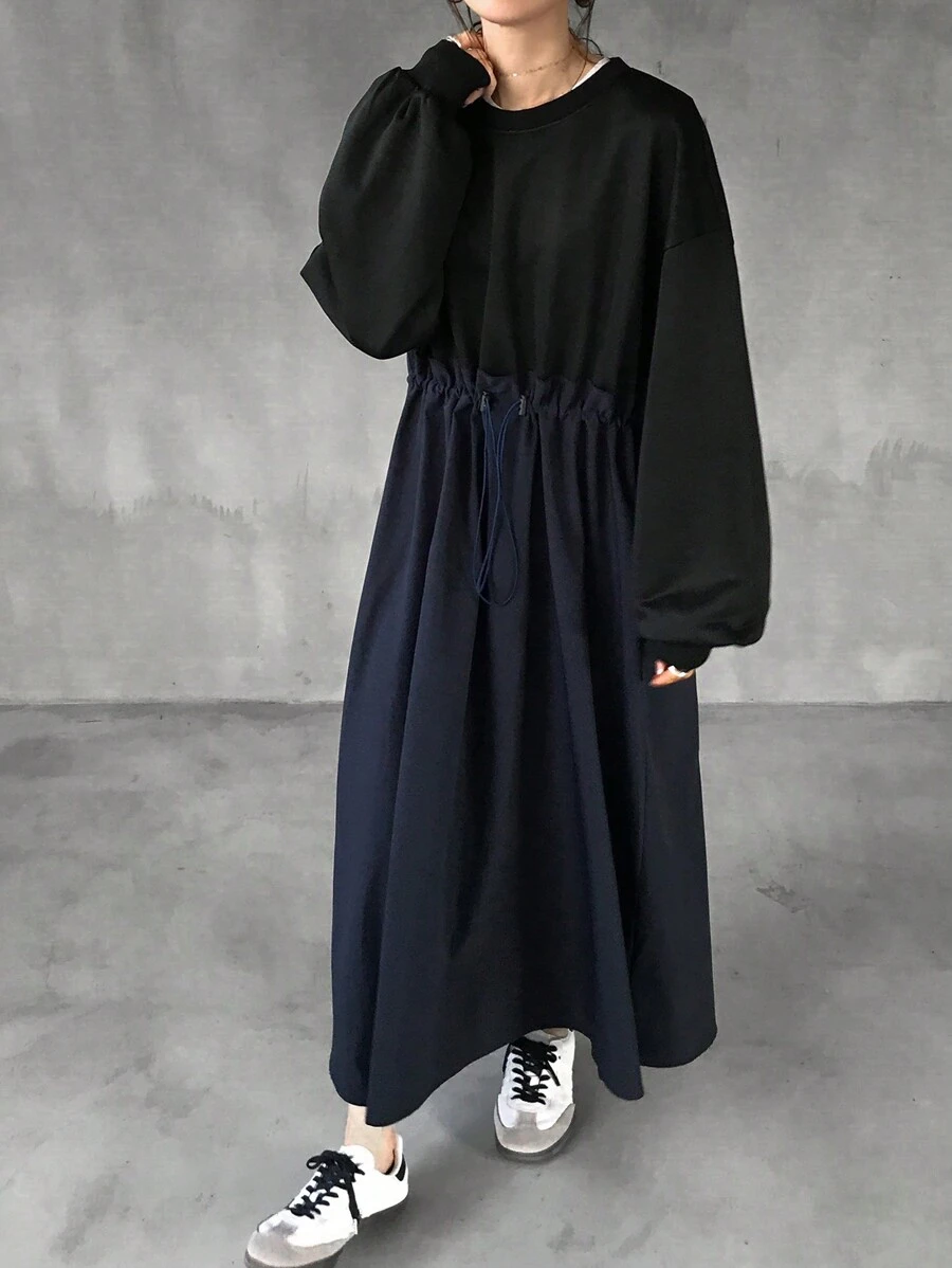 FRIFUL Women's Lace Patchwork Mid-Calf Plain Color Dress - Black - View 1