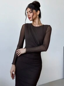 Firerie Neues elegantes, simples, modisches Berufs-Sexy-Party-Kleid mit braunem Netz-Volant an Schulter und Taille, figurschmeichelndes langes Kleid, perfekt für Valentinstag - Braun - Übersicht 3
