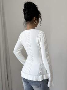 Chiquease 女士荷叶边麻花针织长袖毛衣，适合秋冬季节穿着