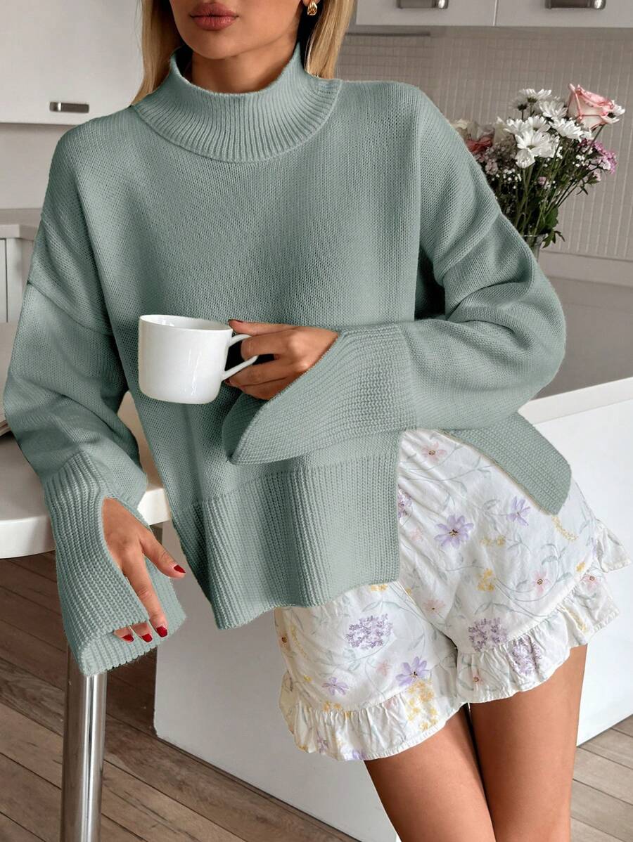 EURMUSE Women Solid Color Mock Neck Rib Knit Hem Sweater - Mint Green - View 1