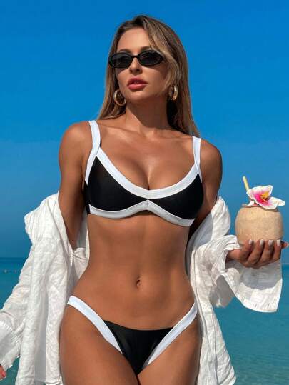 Swim SPRTY 2 件黑白对比色拼接宽肩带低胸无垫性感女士比基尼泳装夏季