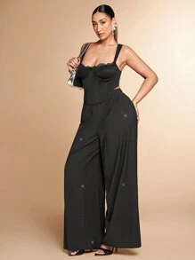 SHEIN BAE Plus Size Women's Black Rhinestone Elastic Waist Pants, Romantic For Date, Formal Occasions, Party, Commuting, Going Out At Night