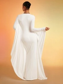 SHEIN X Scheana Hauture Abito elegante da donna a tinta unita con collo tondo, maniche a pipistrello, fit slim, lunghezza extra - Bianco - Visualizzare 4