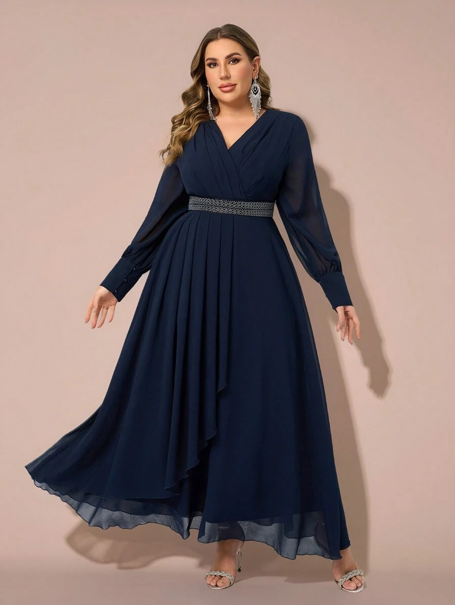 SHEIN Belle Plus Size Women V-Neck Long Sleeve Crystal Embellished Flared Formal Gown With Waist Cinching, Slimming Gown Jacquard Dress Valentine's Day Dress Valentine's Day Dress Black Cocktail Dress Women's Christmas Black Evening Dress Formal Party Dresses Autumn And Winter Black Sexy Mesh Long Sleeve Bridesmaid Dress, Semi Formal Prom Dress, For Birthday, Wedding Guest, Graduation, Homecoming - Navy Blue - View 1