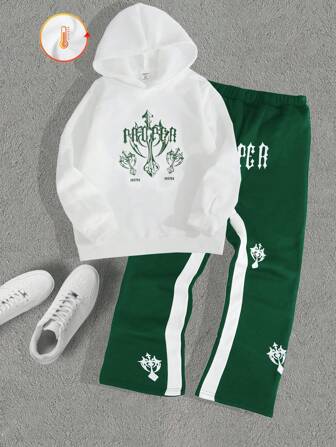 SHEIN Tween Boy English Print Thermal Lined Hooded Casual Streetwear Pullover Hoodie, Suitable For Spring & Autumn