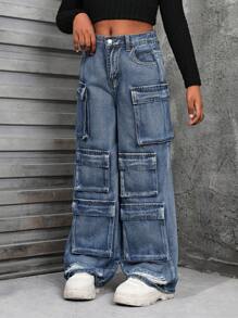 SHEIN Tween Girls' Y2K Fashion Stonewashed Multi-Pocket Distressed Cargo Jeans Baggy Wide Leg Pants, Tween Girl Fall Clothes Back To School Outfits - Dark Wash - View 4