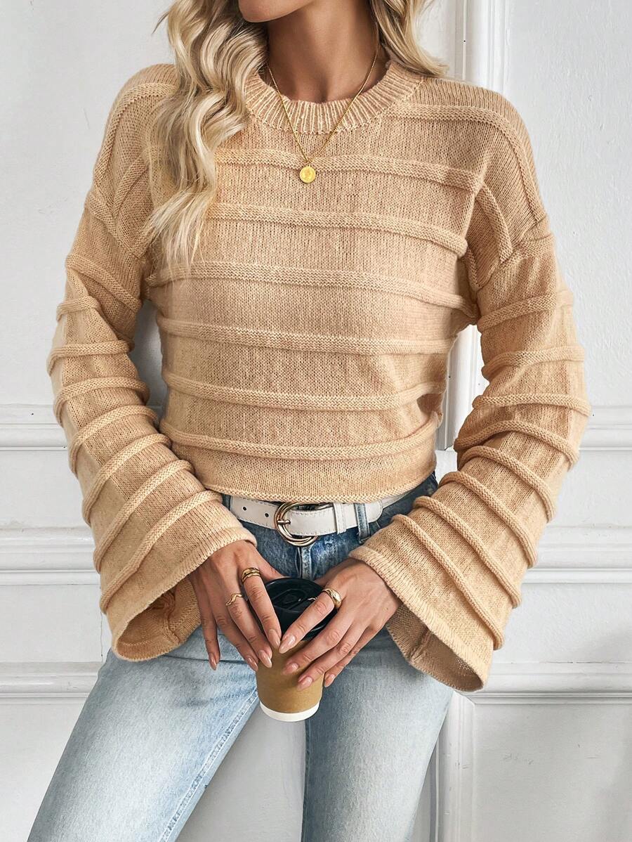 SHEIN LUNE Khaki Textured Loose Pullover Sweater, Autumn/Winter Knit Pullover Fall - Khaki - View 1