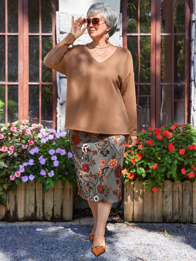 Plus Size Women Solid V-Neck Drop Shoulder Long Sleeve Top & Floral Print Midi Skirt Elegant Winter Sets