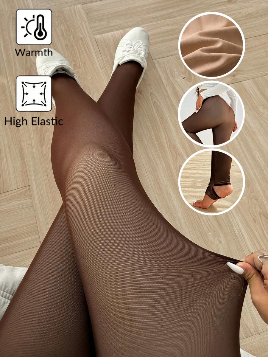 Flirla Plus Size Brown Mesh Wool Lined Warm Leggings - Rust Brown - View 1