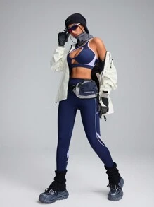 Innovista Blue Contrast Stitch&Breathable Mesh Cut Out Sports Leggings,With Pocket Leggings,Tummy Control Butt-Lifting Sexy Matching Pants,Daily Casual & Workout,Shape Wear Leggings, Stretchy High Waist Leggings, Gym Leggings,Spandex Bilker Leggings,Festival,Burgundy Leggings - Navy Blue - View 7