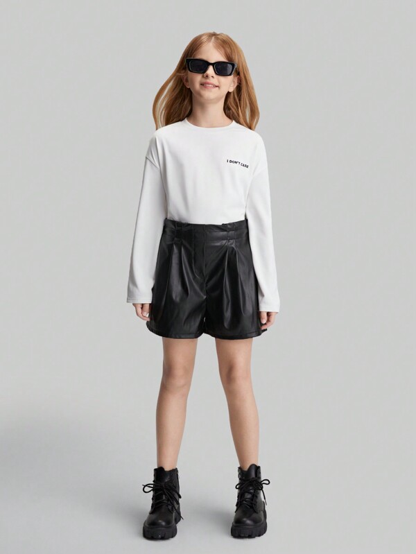 Ontre Tween Girls Casual PU Leather Frill Waistband Shorts