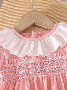 SHEIN 2er Set Baby Mädchen Rosa Puppen Bluse mit Rüschenkragen und Puffärmeln + Hose mit elastischem Bund und ausgestelltem Bein, bequem, niedlich und süß für Herbst und Winter, geeignet für Zuhause und Outdoor