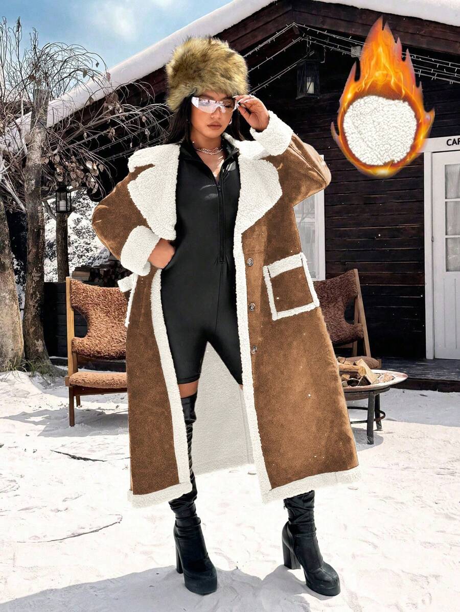 Calvaya Plus Size Autumn/Winter Faux Suede & Thermal Lined Contrast Color Lapel Pocket Long Cardigan, Casual Minimalist Versatile Long Jacket - Brown - View 1