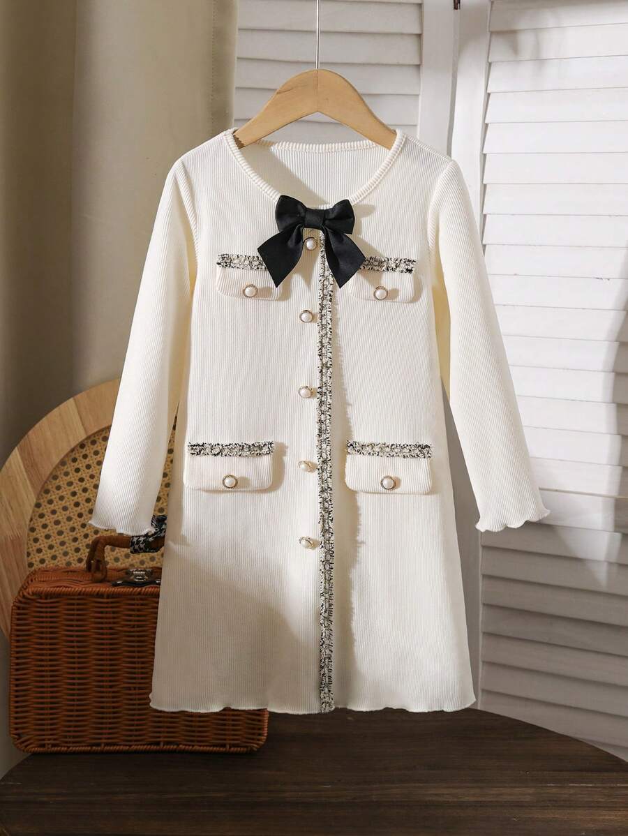 Robe longue à manches longues avec poche, décoration de nœud et boutons devant pour jeune fille - Beige - Voir 1