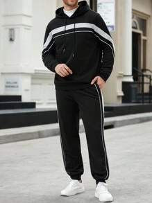 Manfinity Homme Men's Casual Color Block Striped Hoodie And Sweatpants Tracksuit Set - Black - View 1