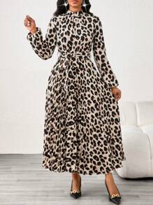 SHEIN Lady Leopard Print Dress Pleated A-Hem Long Dress For Women