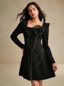 Anewsta Rhinestone 3D Floral Square Neck Puff Sleeve Elegant Dress - Black - View 1
