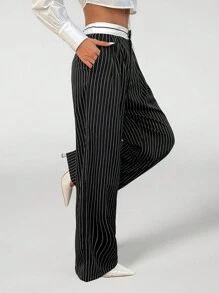 SHEIN PETITE Spliced ​​Waistband Yarn-Dyed Striped Suit Trousers