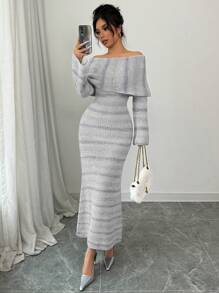 Elenzga Women's Off-Shoulder Form-Fitting Sweater Dress - Grey - View 1