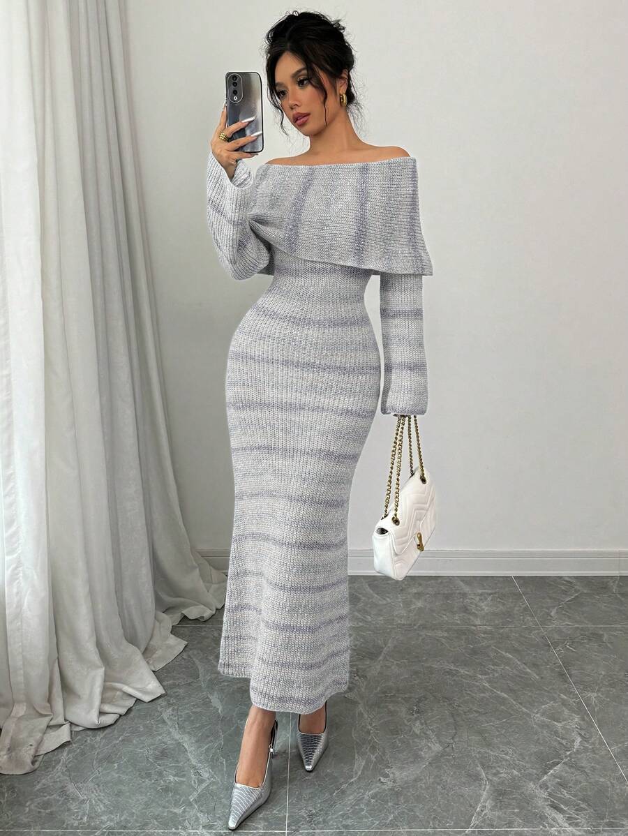 Elenzga Women's Off-Shoulder Form-Fitting Sweater Dress - Grey - View 1
