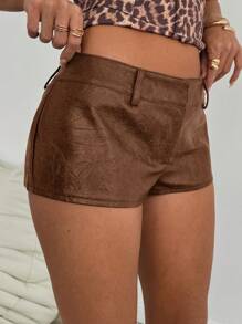 Aloruh Women's Sexy Vintage Pattern PU Leather Ultra-Short Mini Shorts - Coffee Brown - View 5