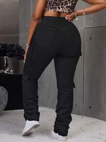 SHEIN ICON Plus Size Women's Casual Multi-Pocket Washed Denim Flare Pants - Black - View 2