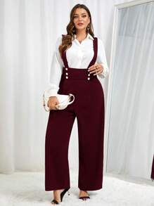 SHEIN Frenchy 大码女式秋季纯黑色休闲连身裤优雅双排扣连体裤，办公室服装 - 酒紅色 - 查看 3