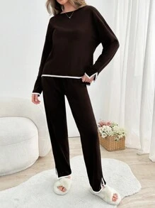 RueChic 2pcs Cotton Contrast Colour Piping With Slit Detail Homewear Set - Brown - View 3