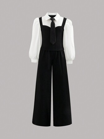 SHEIN Ensemble costume formel de pré-adolescente, style élégant de gentleman avec chemise boutonnée et pantalon habillé, parfait pour le printemps, l'automne et l'hiver