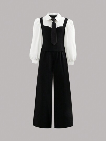 SHEIN Komplet formalnego garnituru dla dziewcząt w wieku od 1 do 12 lat, elegancki męski styl z koszulą zapinaną na guziki i eleganckimi spodniami, idealny na wiosnę, jesień i zimę