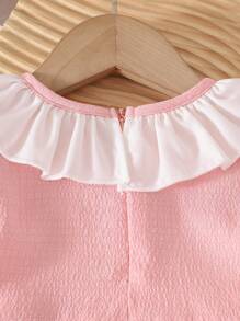 SHEIN 2er Set Baby Mädchen Rosa Puppen Bluse mit Rüschenkragen und Puffärmeln + Hose mit elastischem Bund und ausgestelltem Bein, bequem, niedlich und süß für Herbst und Winter, geeignet für Zuhause und Outdoor