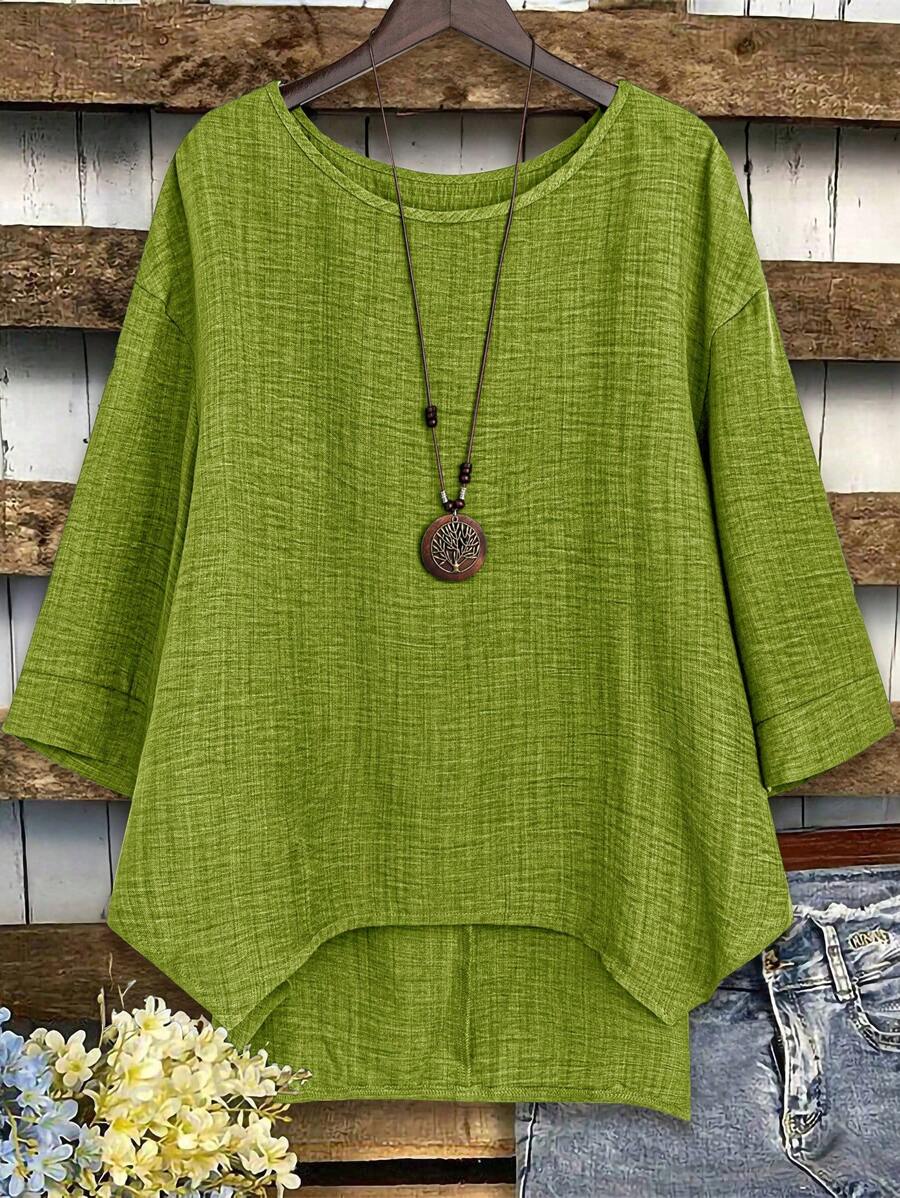 Plus Size Solid Color Round Neck Casual Long Sleeve Shirt