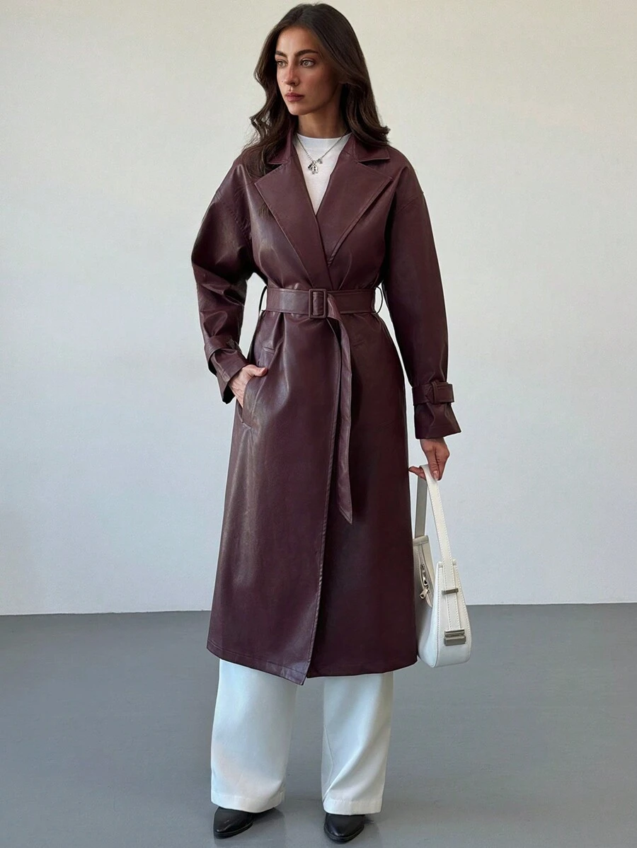 Aloruh Wine Red PU Leather Modern Street Style Long Women's Regular Jacket, Autumn/Winter