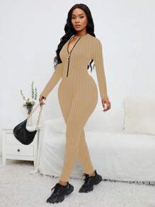 VaVaBold One-Piece Plain Zipper Fitted Casual Jumpsuit, Stylish For Everyday Wear