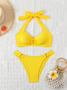 SHEIN Swim Bộ bikini cổ yếm trang trí vòng tròn màu trơn bãi biển mùa hè - Màu vàng - Xem 3
