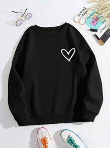INAWLY 心形和英文字母印花女士长袖圆领卫衣，休闲套头衫，适合秋冬季毕业季、返校季、毕业典礼、教师节等场合穿着。 - 黑色 - 查看 3
