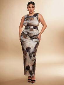 SHEIN BAE 1 Set Plus Size Women Elegant Sleeveless Printed Tank Top And Printed Long Skirt Two-Piece Set, Minimalist Design, Tight Fit, Suitable For Christmas, Fall Season Valentine's Day For Summer