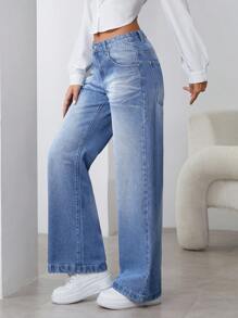 SHEIN Essnce Women's Fashion Casual Light Blue Washed Loose Wide Leg Jeans - Medium Wash - View 4