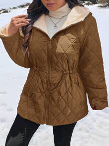SHEIN Frenchy Plus Size Women Padded Coat With Hat, Thermal Lined, Pockets, Versatile - Brown - View 6