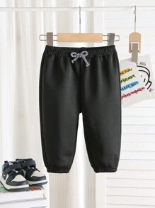 SHEIN Baby Boys Black & White Thermal Lined Casual Loose Elastic Waist Sports Pants, All-Match & Versatile For Outdoor & Indoor Wear, Winter - Black - View 4