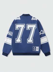 ROMWE MEN Street Life Thermal Lined Baseball Bomber Jacket For Men, Street Style - Navy Blue - View 2